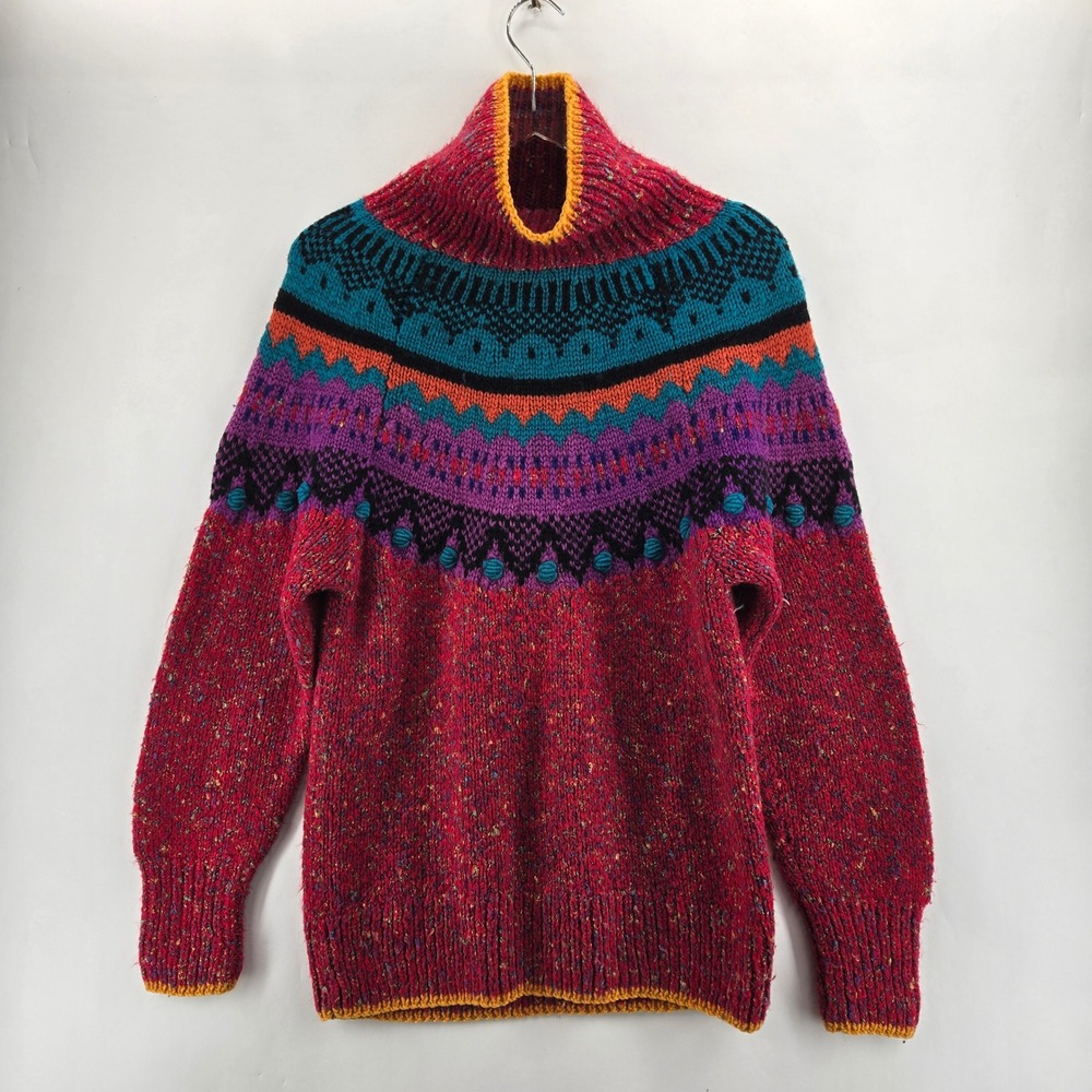 Crescendo Vintage Women's Red Multi Color Fair Isle‎ Turtleneck Sweater Size S